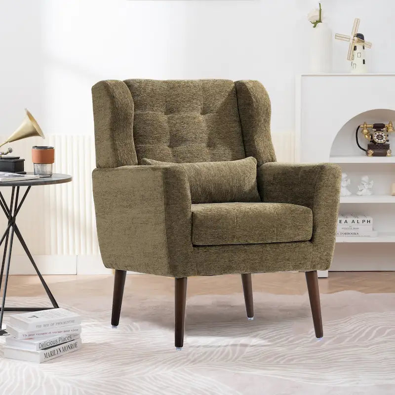 Olive Green 24.21 Button Tufted Arm Chair with Wood Legs