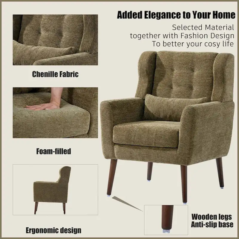 Olive Green 24.21 Button Tufted Arm Chair with Wood Legs