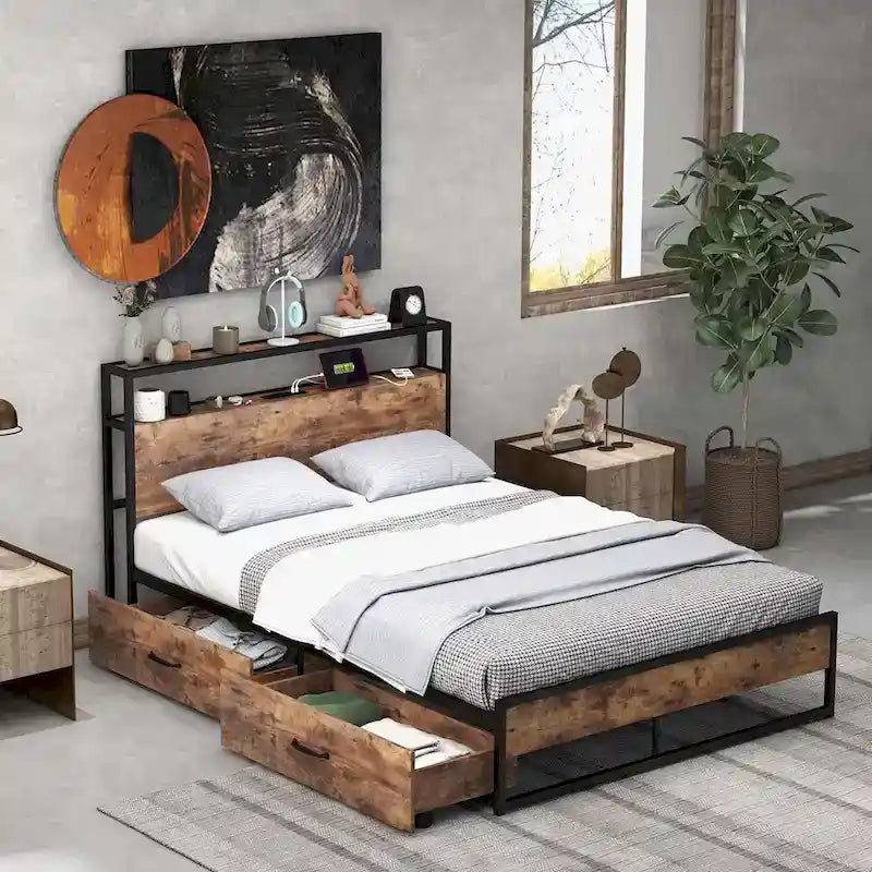Full/Queen Industrial Platform Bed Frame with Drawer Storage