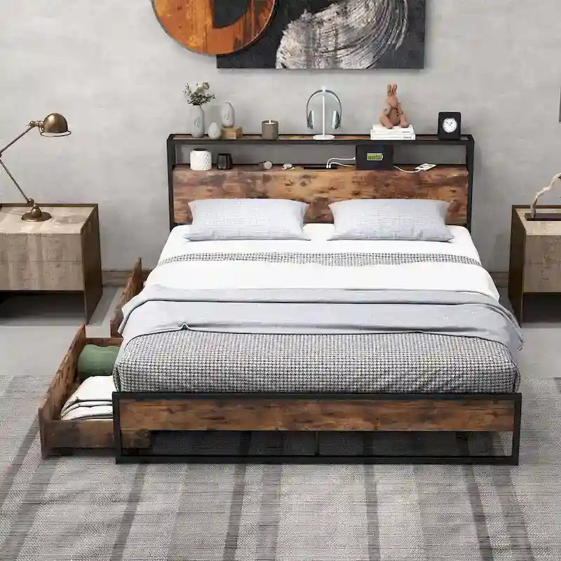 Full/Queen Industrial Platform Bed Frame with Drawer Storage