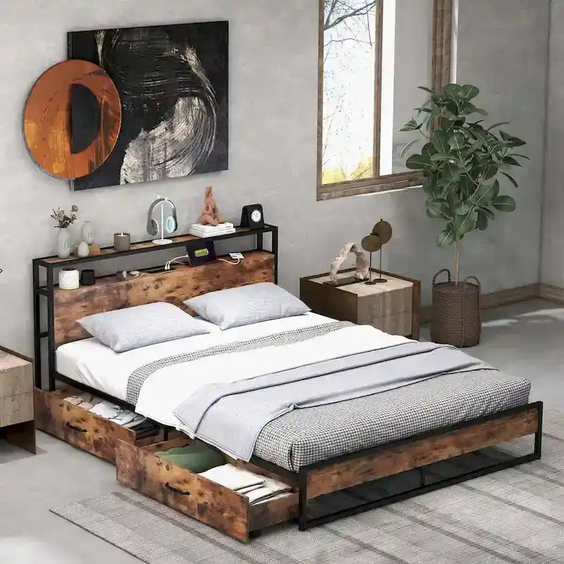 Full/Queen Industrial Platform Bed Frame with Drawer Storage