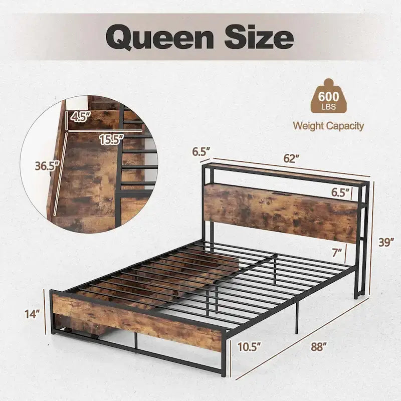 Full/Queen Industrial Platform Bed Frame with Drawer Storage