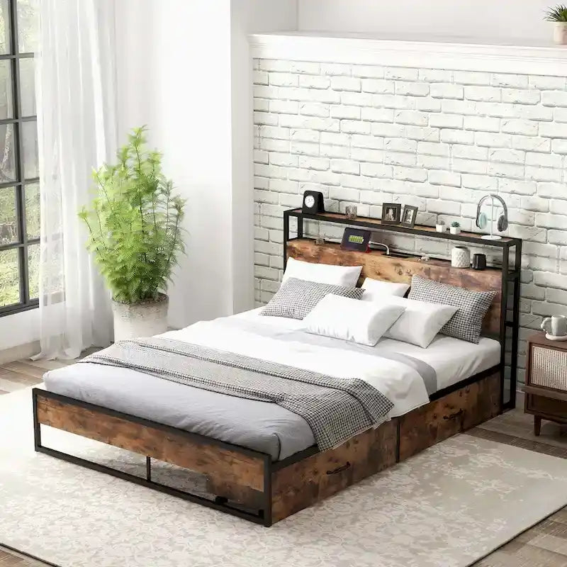 Full/Queen Industrial Platform Bed Frame with Drawer Storage
