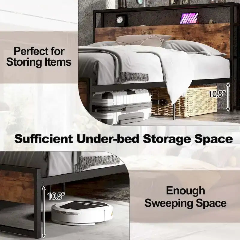 Full/Queen Industrial Platform Bed Frame with Drawer Storage