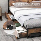 Full/Queen Industrial Platform Bed Frame with Drawer Storage