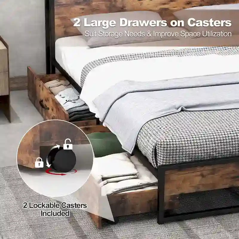 Full/Queen Industrial Platform Bed Frame with Drawer Storage