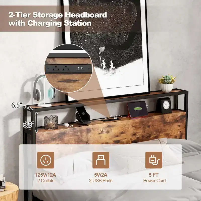 Full/Queen Industrial Platform Bed Frame with Drawer Storage
