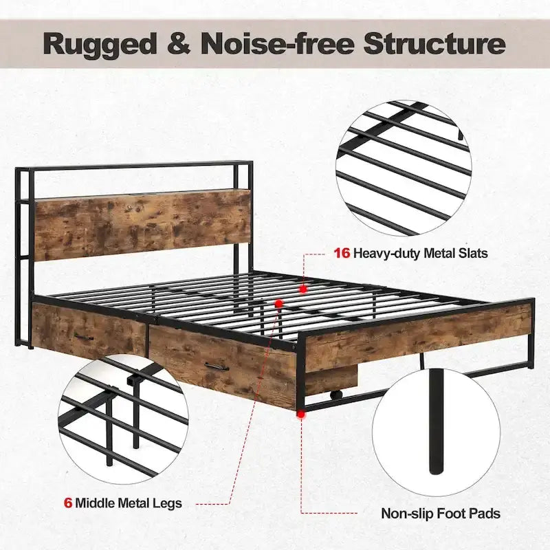 Full/Queen Industrial Platform Bed Frame with Drawer Storage