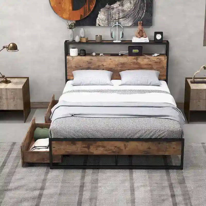 Full/Queen Industrial Platform Bed Frame with Drawer Storage