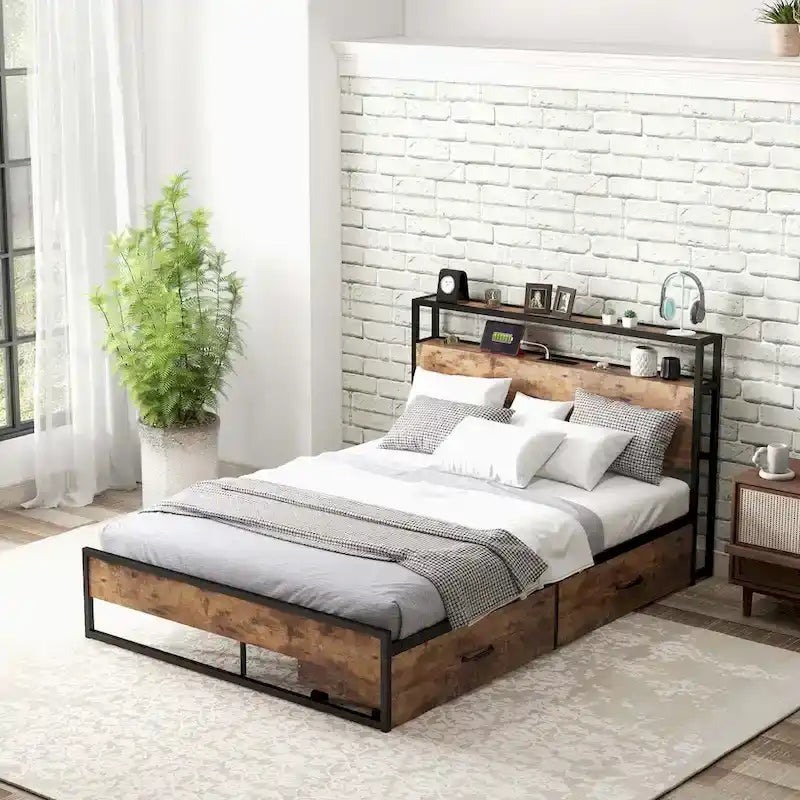 Full/Queen Industrial Platform Bed Frame with Drawer Storage