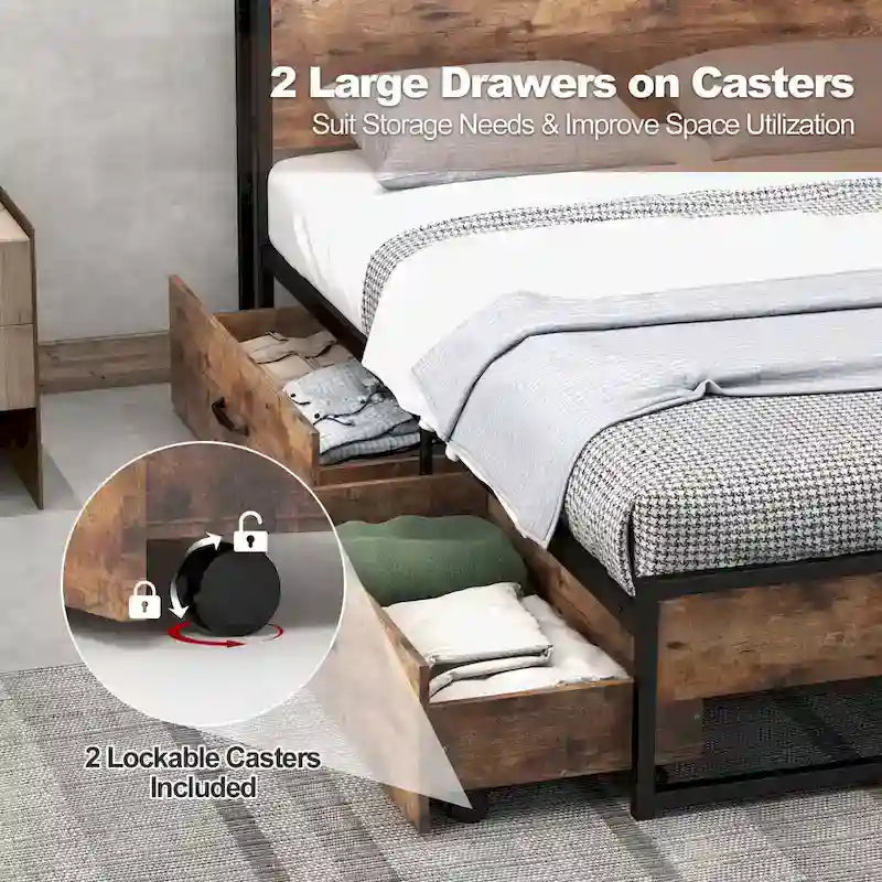 Full/Queen Industrial Platform Bed Frame with Drawer Storage