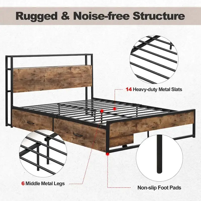 Full/Queen Industrial Platform Bed Frame with Drawer Storage
