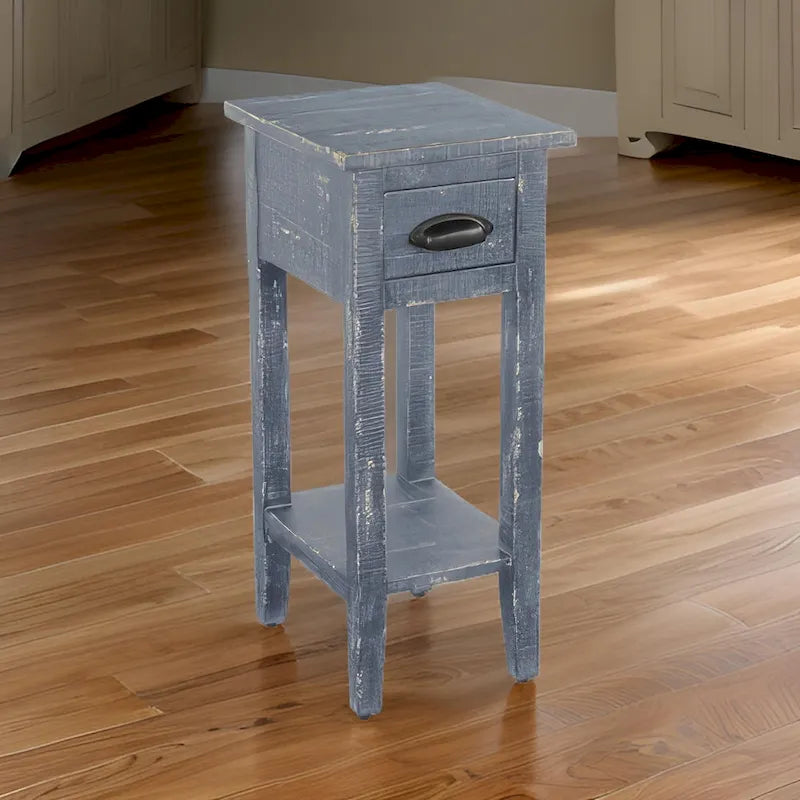 Rena Chairside Table with Drawer and Shelf, 14 Inch Blue Mahogany Wood