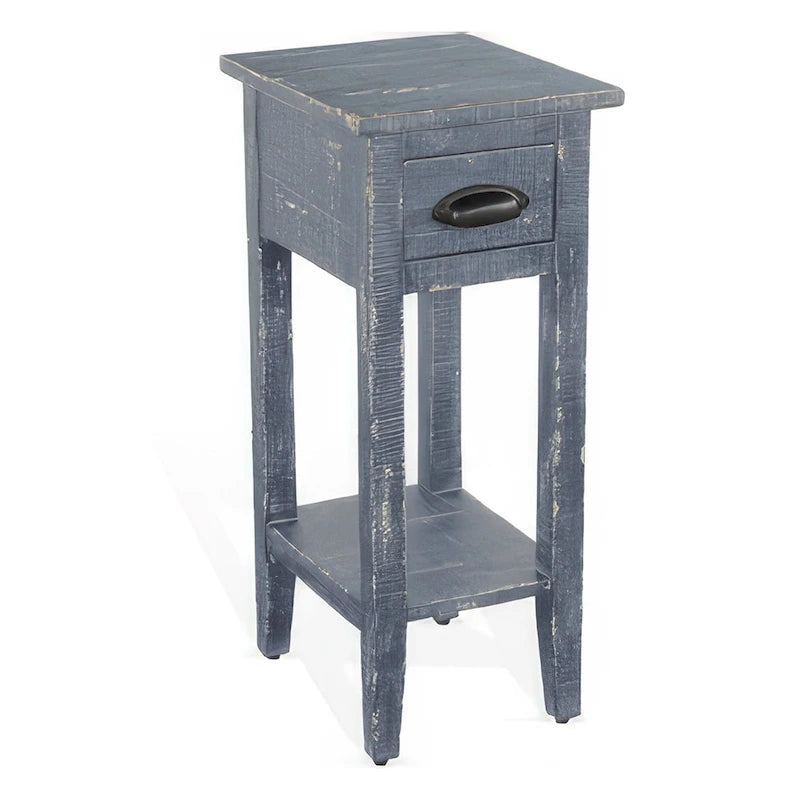 Chairside Table with Drawer and Shelf, 14 Inch Blue Mahogany Wood