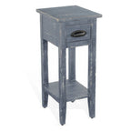 Chairside Table with Drawer and Shelf, 14 Inch Blue Mahogany Wood