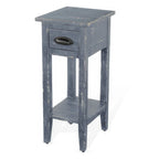 Chairside Table with Drawer and Shelf, 14 Inch Blue Mahogany Wood