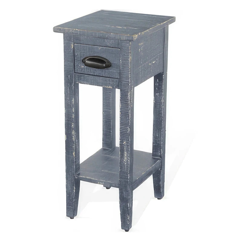 Chairside Table with Drawer and Shelf, 14 Inch Blue Mahogany Wood