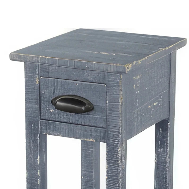 Chairside Table with Drawer and Shelf, 14 Inch Blue Mahogany Wood