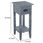 Chairside Table with Drawer and Shelf, 14 Inch Blue Mahogany Wood