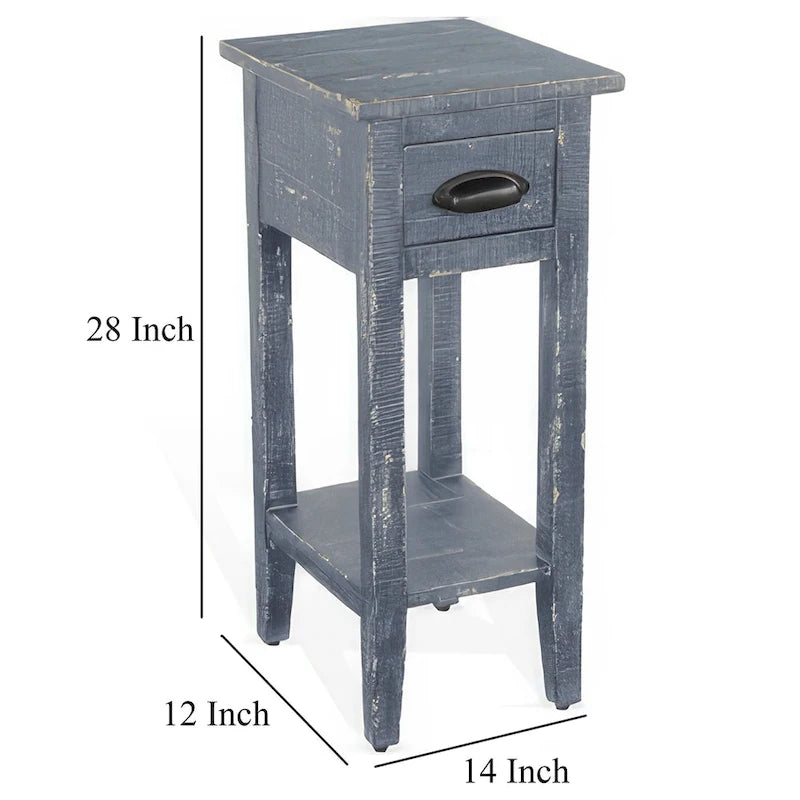 Chairside Table with Drawer and Shelf, 14 Inch Blue Mahogany Wood