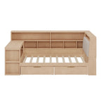 L-shaped Wooden Sofa Daybed with Desk, Bookcase Cabinet, Corner Bed with Under-bed Drawers, Upholstered Headboard Built-in Light