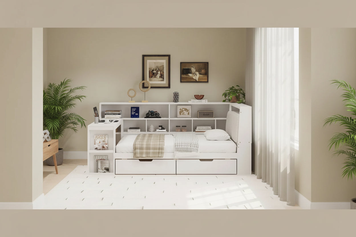 L-shaped Wooden Sofa Daybed with Desk, Bookcase Cabinet, Corner Bed with Under-bed Drawers, Upholstered Headboard Built-in Light