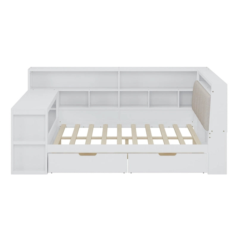 L-shaped Wooden Sofa Daybed with Desk, Bookcase Cabinet, Corner Bed with Under-bed Drawers, Upholstered Headboard Built-in Light