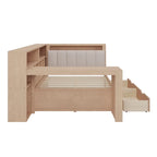 L-shaped Wooden Sofa Daybed with Desk, Bookcase Cabinet, Corner Bed with Under-bed Drawers, Upholstered Headboard Built-in Light