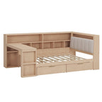 L-shaped Wooden Sofa Daybed with Desk, Bookcase Cabinet, Corner Bed with Under-bed Drawers, Upholstered Headboard Built-in Light