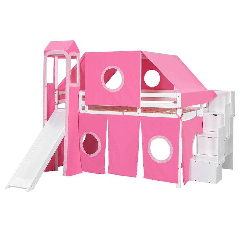 Full Loft Bed with Castle Tent & Tower and Solid Wood Frame, 400lb Capacity, Playhouse Design