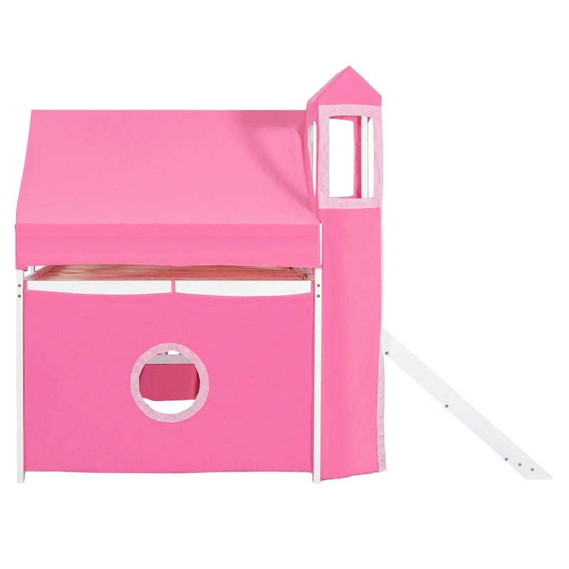 Full Loft Bed with Castle Tent & Tower and Solid Wood Frame, 400lb Capacity, Playhouse Design