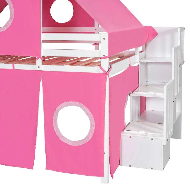 Full Loft Bed with Castle Tent & Tower and Solid Wood Frame, 400lb Capacity, Playhouse Design