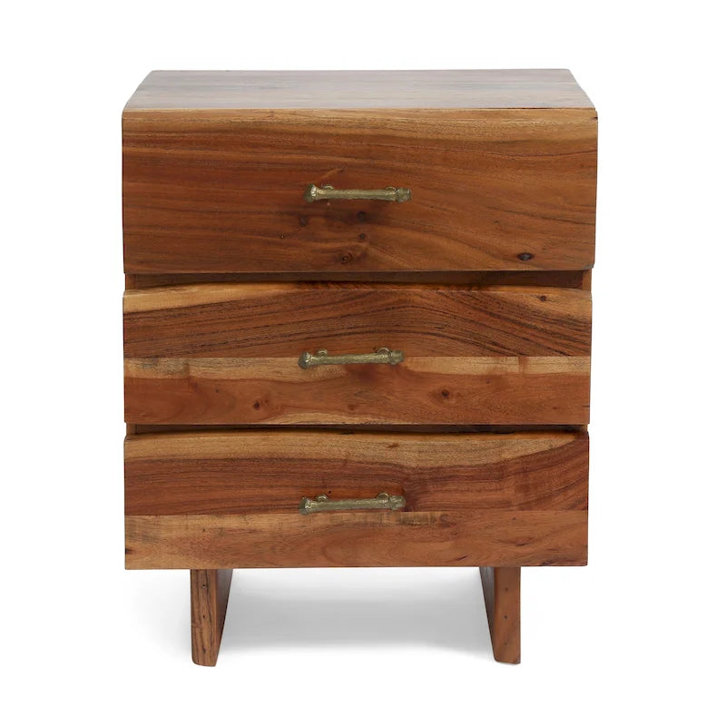 Handcrafted Boho Acacia Wood 3 Drawer Nightstand