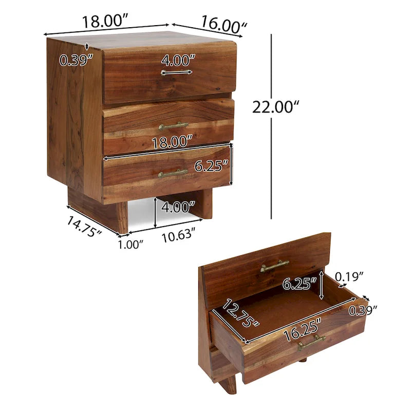 Handcrafted Boho Acacia Wood 3 Drawer Nightstand
