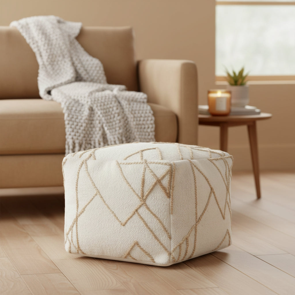 Adil 18 Wide Square Ivory Pouf by Kosas Home