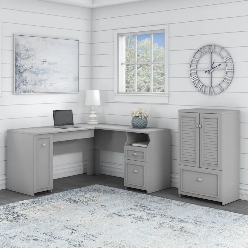 60W L Shaped Desk and Storage Cabinet with File Drawer