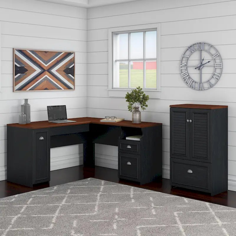 60W L Shaped Desk and Storage Cabinet with File Drawer