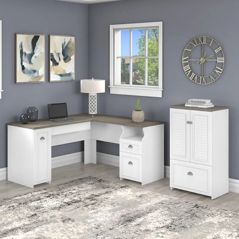 60W L Shaped Desk and Storage Cabinet with File Drawer