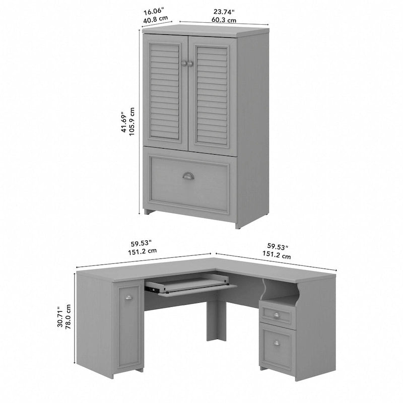 60W L Shaped Desk and Storage Cabinet with File Drawer