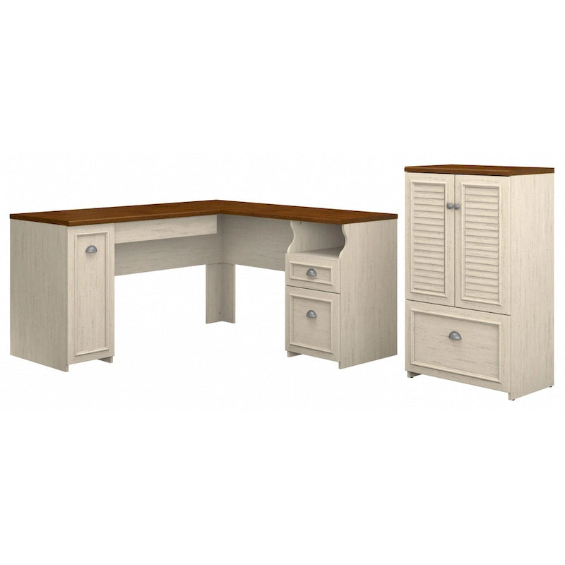 60W L Shaped Desk and Storage Cabinet with File Drawer