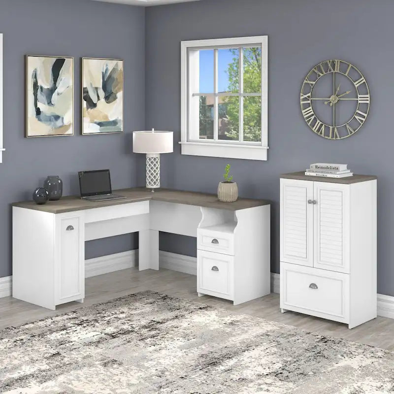 60W L Shaped Desk and Storage Cabinet with File Drawer