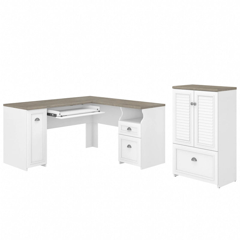 60W L Shaped Desk and Storage Cabinet with File Drawer