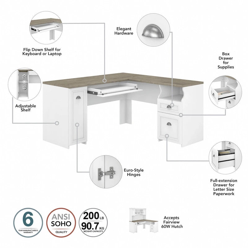 60W L Shaped Desk and Storage Cabinet with File Drawer