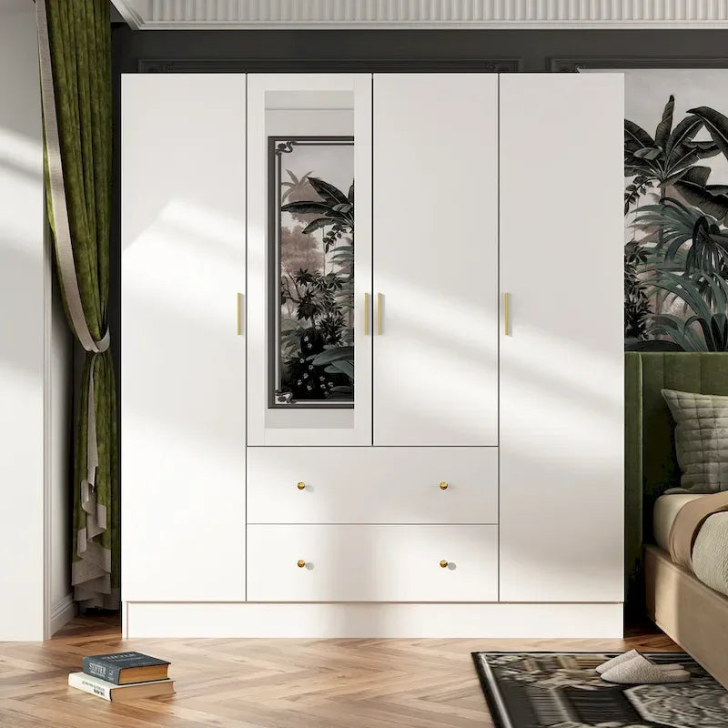 Wardrobe Armoire Wooden Closet with Mirror Storage Cubes Hanging Rod