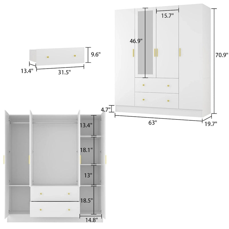 Wardrobe Armoire Wooden Closet with Mirror Storage Cubes Hanging Rod