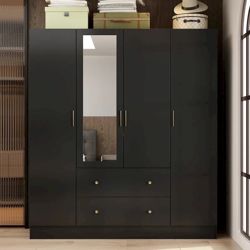 Wardrobe Armoire Wooden Closet with Mirror Storage Cubes Hanging Rod