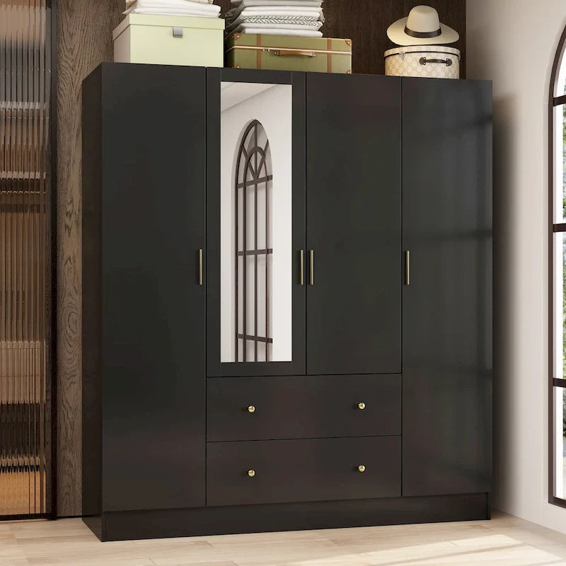 Wardrobe Armoire Wooden Closet with Mirror Storage Cubes Hanging Rod