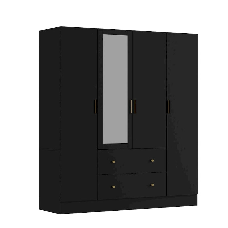 Wardrobe Armoire Wooden Closet with Mirror Storage Cubes Hanging Rod