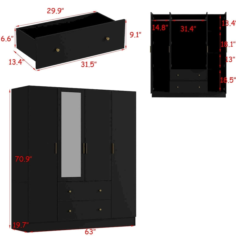 Wardrobe Armoire Wooden Closet with Mirror Storage Cubes Hanging Rod