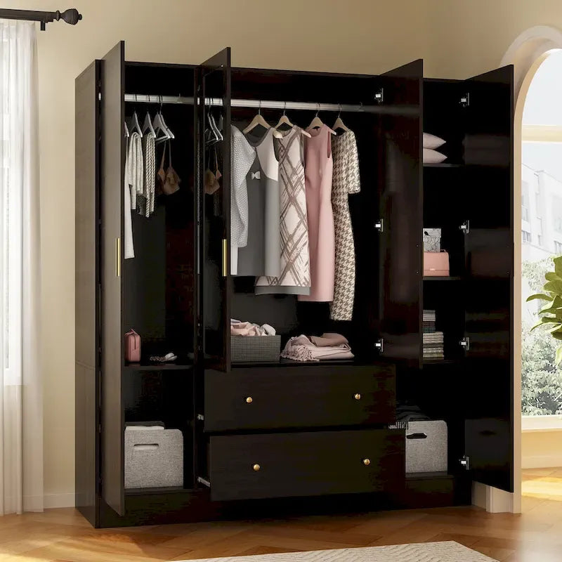 Wardrobe Armoire Wooden Closet with Mirror Storage Cubes Hanging Rod
